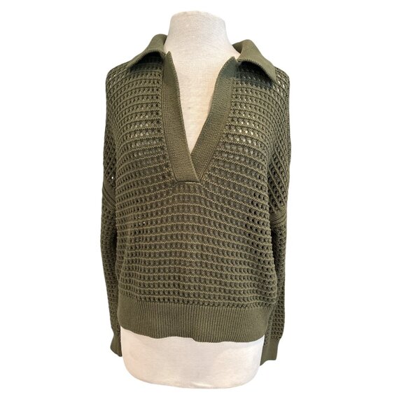DH New York Olive Green Knit V-Neck Sweater Medium 100% Cotton & Polyester - Picture 1 of 9